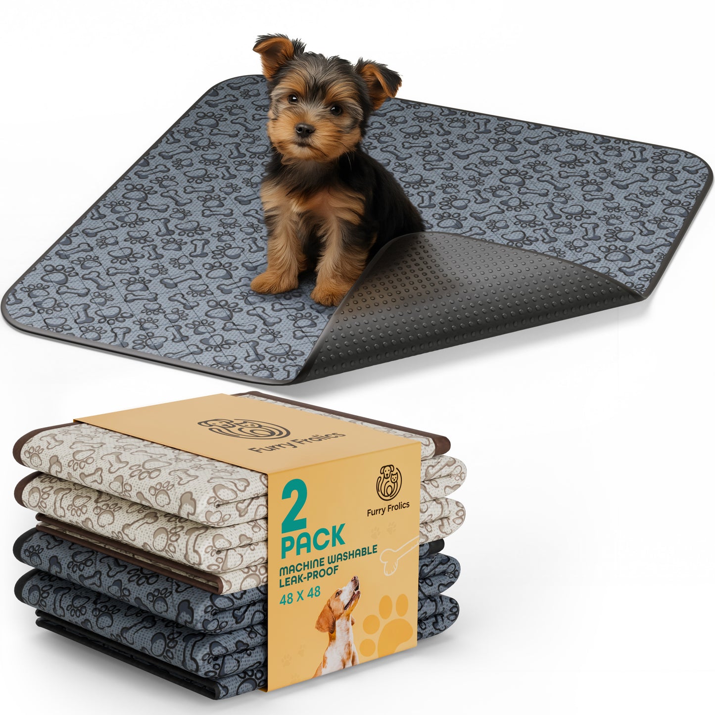 Furry Frolics Ultra-Absorbent Washable Dog Pee Pads (2-Pack, 48" x 48", Non-Slip, Reusable)