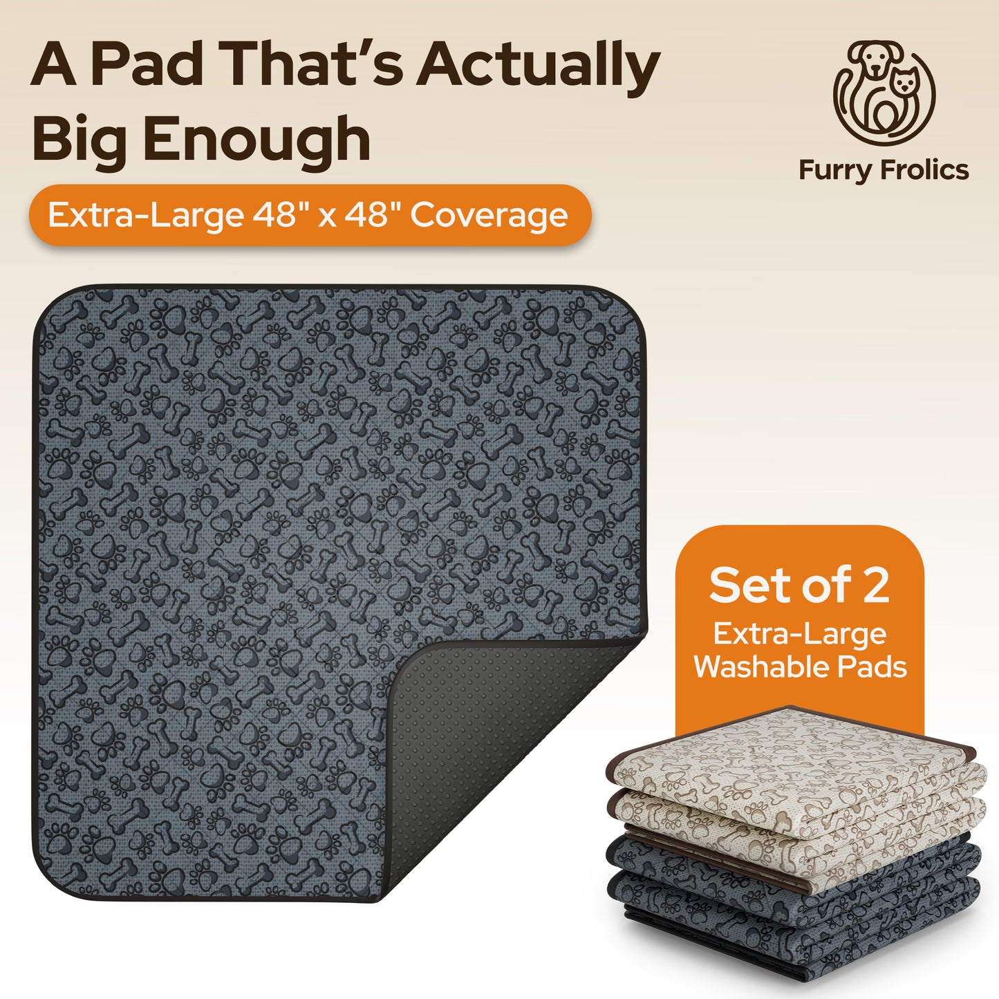 Furry Frolics Ultra-Absorbent Washable Dog Pee Pads (2-Pack, 48" x 48", Non-Slip, Reusable)