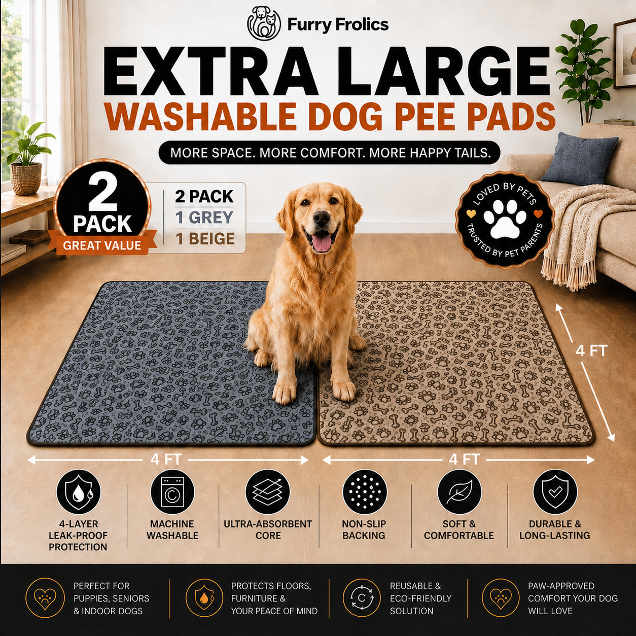 Furry Frolics extra-large washable dog pee pads two-pack
