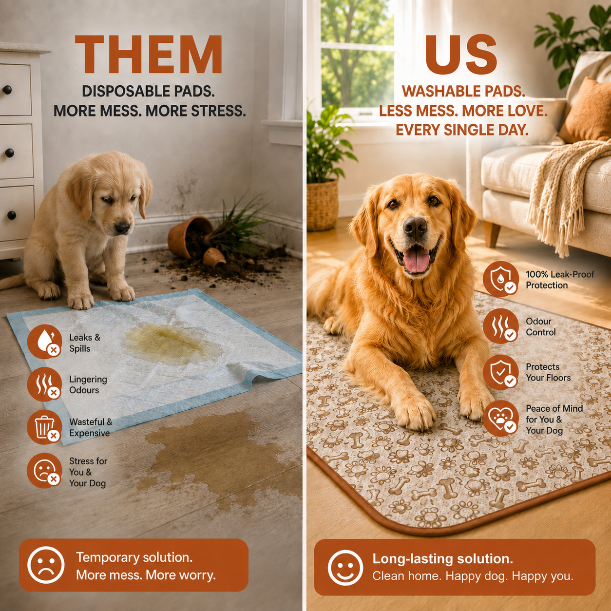 Disposable pee pad routine compared with Furry Frolics washable pads