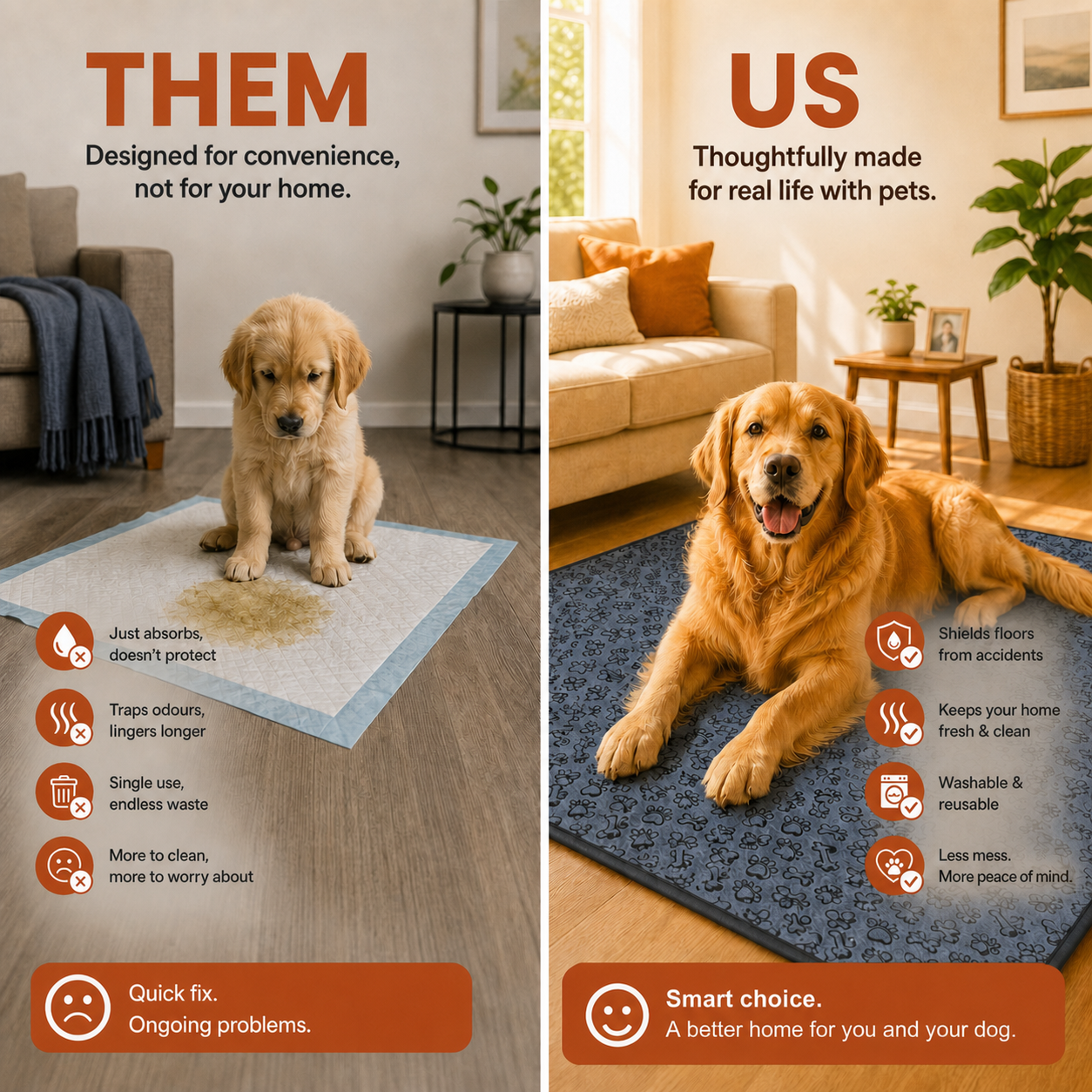 Washable pee pad protection in a clean home setting